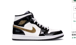 Jordan 1 Mid Patent Black White Gold