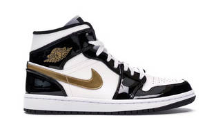 Jordan 1 Mid Patent Black White Gold